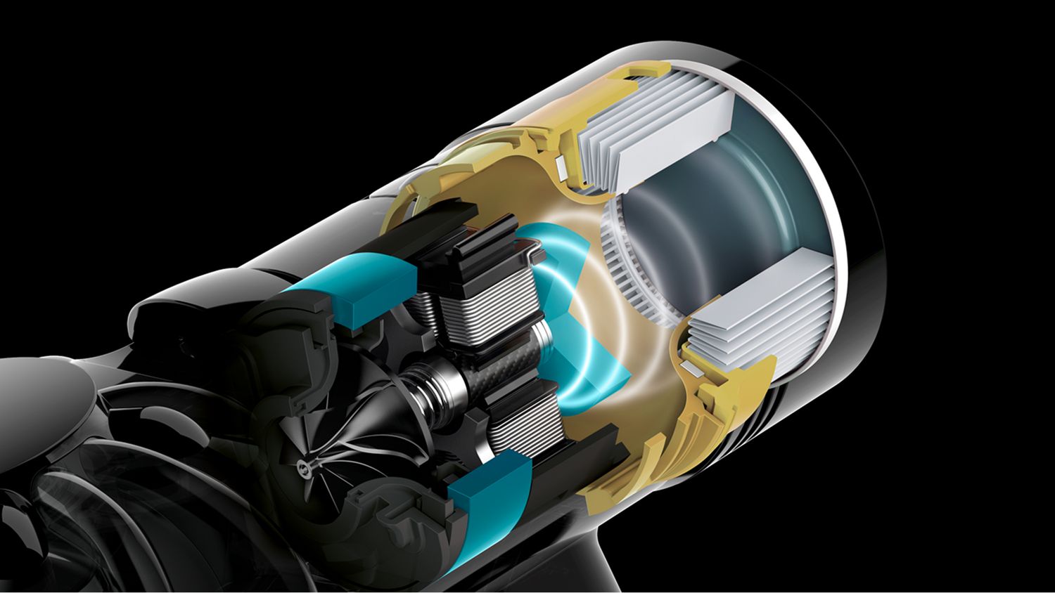 A cutaway of the motor in the Dyson Car+Boat handheld vacuum cleaner. showcaseing sound waves.